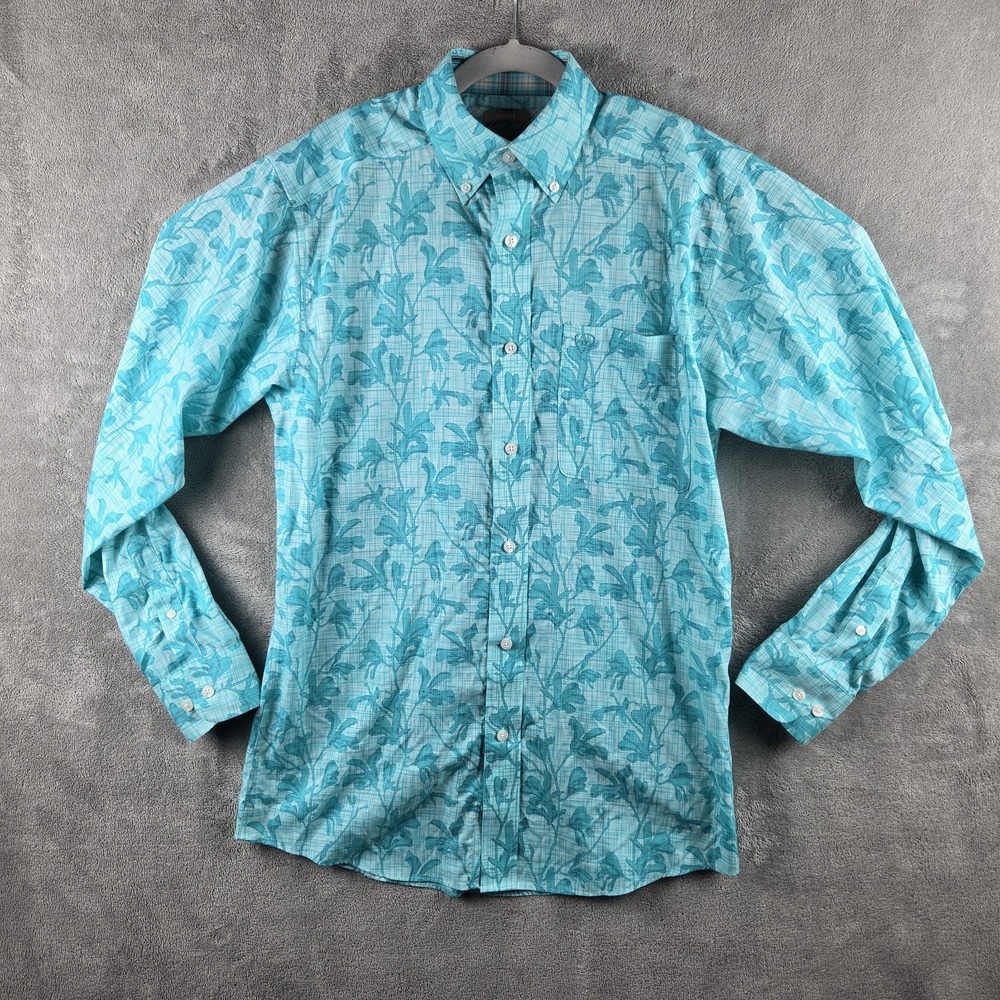 Ariat Wrinkle Free Hassan Fitted Floral Button Up LS Turquoise Shirt Mens Medium